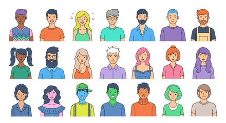 Fototapeta premium Vibrant Collection of Unique Cartoon People Avatars Showcasing Diverse Facial Expressions and Modern Hairstyles for Digital Profile and Design Projects