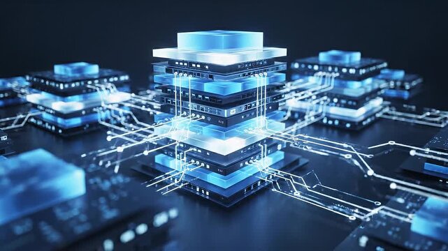 Futuristic cloud edge computing network with glowing blue circuits and microchips