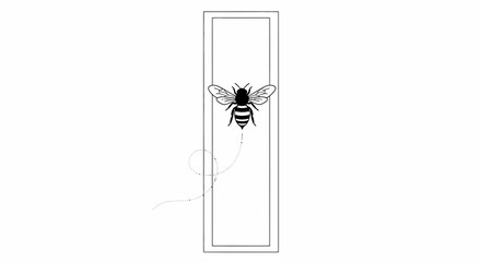 Minimalist black and white bee illustration with a delicate dotted flight path within a vertical