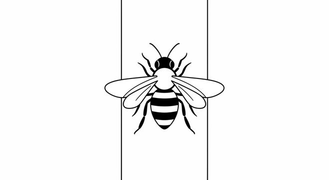 Minimalist black and white line art illustration of a honeybee centered on a clean white background
