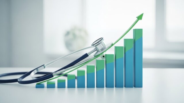 Stethoscope on rising healthcare graph with arrow on white desk