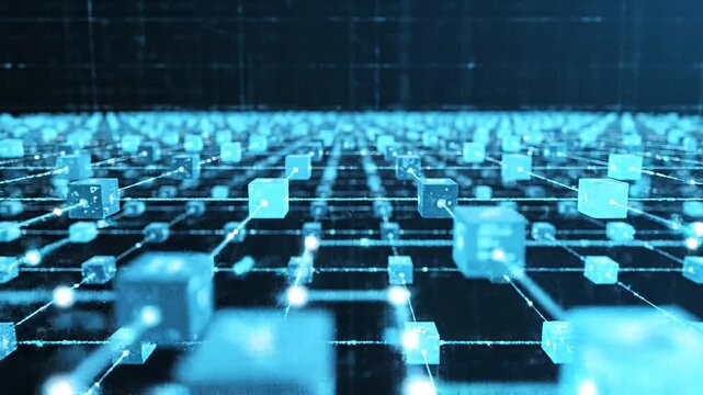 Futuristic blockchain network with glowing blue nodes and connections in a dark