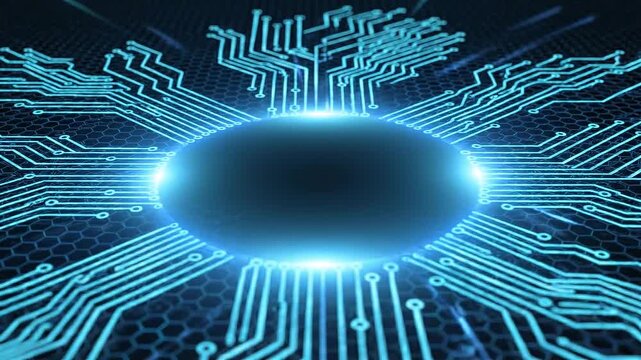 Glowing blue circuit board with three futuristic orbs and neon connections