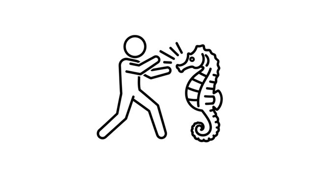Abstract human figure confronting an aquatic seahorse creature in simple line art style