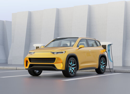 Yellow Electric SUV charging at charging station. Monolithic design background. 3D illustration.