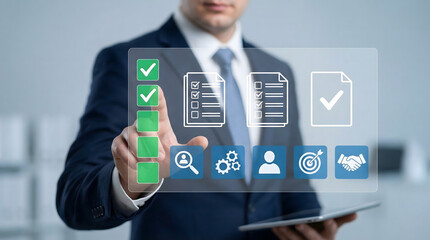 Obraz premium Professional businessman interacts with futuristic virtual checklist on transparent screen in a brig