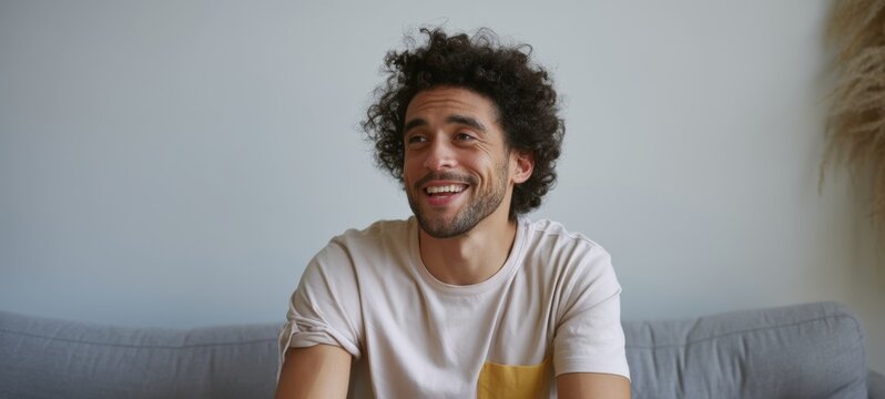 Smiling man with dreadlocks, leaning forward on a sofa.
