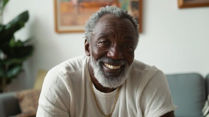 Obraz premium Older Man with Gray Hair, Smiling, Sitting in Living Room