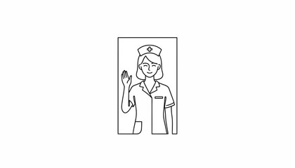 Fototapeta premium Friendly line art illustration of a smiling nurse waving a welcoming hand in a minimalist