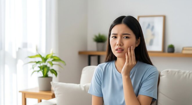 A young Asian woman is sitting on a couch, holding her jaw and looking distressed, indicating she is experiencing tooth pain or discomfort.