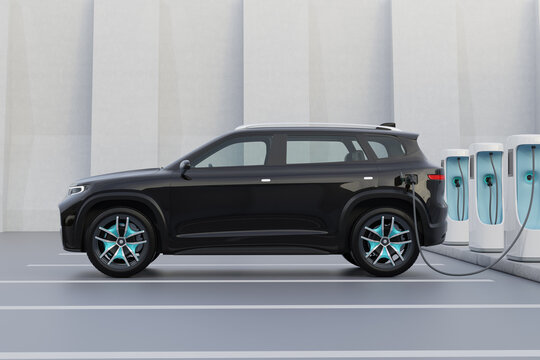 Side view of Black Electric SUV charging at charging station. Monolithic design background. 3D illustration.