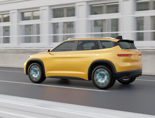 Naklejka premium Yellow Electric SUV driving on the highway. 3D rendering image.