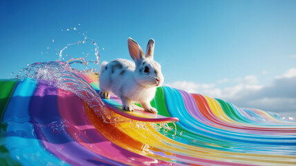 Rabbit surfing on giant rainbow wave, playful fantasy lifestyle concept with copy space