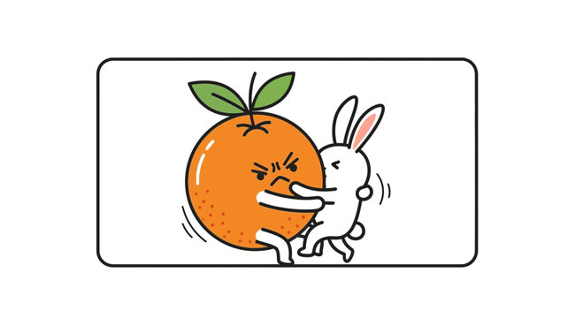 A determined cartoon rabbit playfully pushes an angry orange fruit character illustration