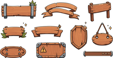 Fototapeta premium Wooden Signboards and Banners Set with Decorative Ropes, Leaves, and Shields for Rustic, Adventure, and Outdoor Designs