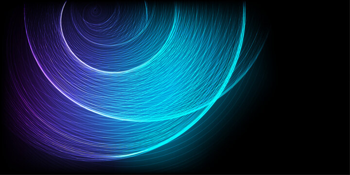 Abstract vector spiral energy wave with glowing lines blue green in concept quantum, science, technology, space on black background	