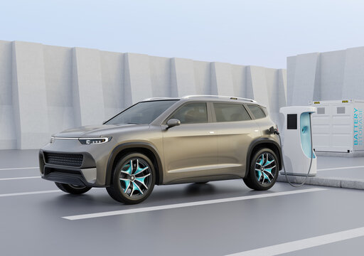 Electric SUV charging at charging station. Cargo container with Energy storage system at background. 3D illustration.