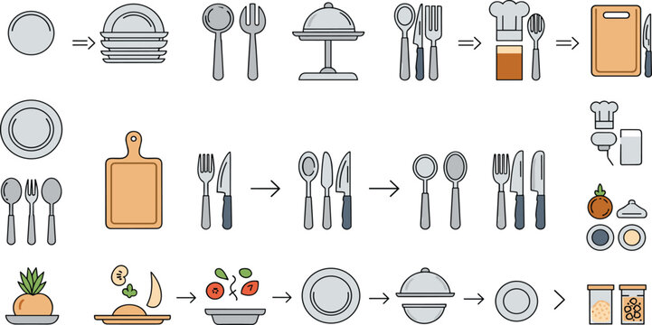 Dishwashing and Food Preparation Icon Set Featuring Plates, Cutlery, Cutting Boards, and Chef Tools for Kitchen and Culinary Designs