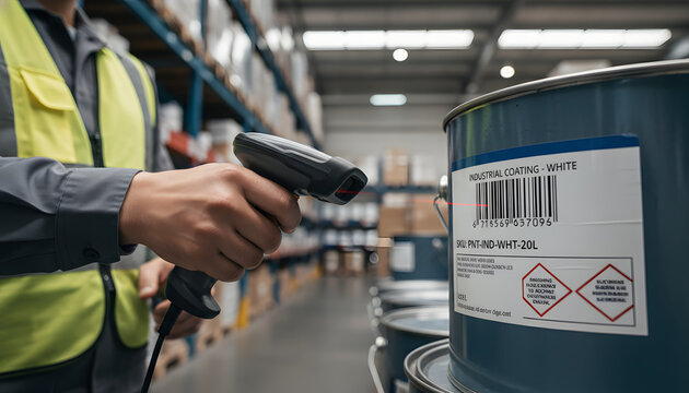 A warehouse worker scans a barcode on an industrial paint can for inventory management.