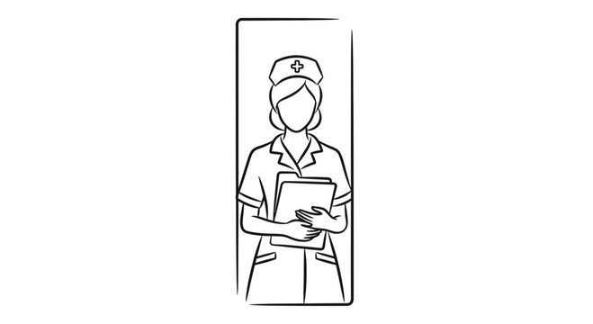 Minimalist line art illustration of a dedicated female nurse holding patient documents,