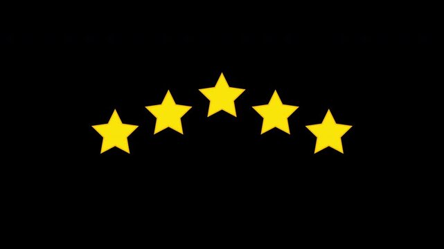 5 star rating 4k animation video. yellow five star flat symbol animation on black background. Customer feedback of product or service.