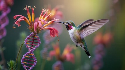 Fototapeta premium Hummingbird feeding from vibrant pink flower in garden