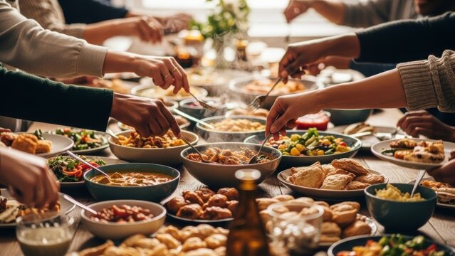 Hands reaching for diverse food at a home table during a communal meal. Friends enjoying a potluck dinner, sharing dishes. Diverse friends sharing a home-cooked meal
