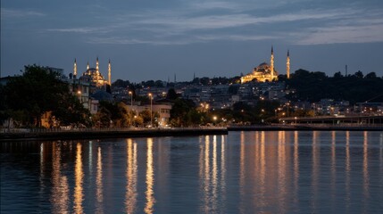 Obraz premium Night view of Istanbul skyline featuring illuminated mosques and buildings reflecting on water, with a serene atmosphere and clear sky in the background