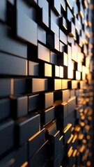 Fototapeta premium Black and gold squares wall abstract geometric pattern featuring a repeating arrangement of black and gold squares