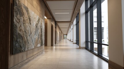 Fototapeta premium Modern interior hallway featuring large windows, wooden paneling, and a decorative stone wall, creating a spacious and bright architectural design