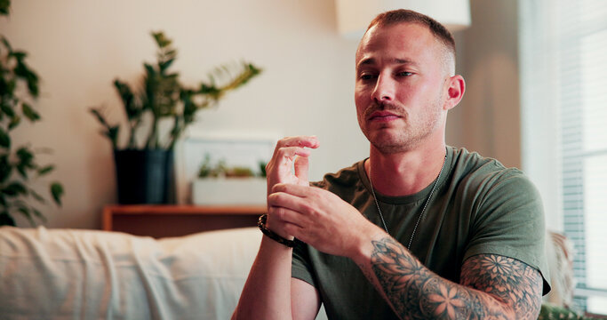 Psychology, veteran or man with tapping in office, emotional freedom technique or anxiety counseling. Stress relief, therapy or soldier with therapeutic exercise for calm, coping skill or self care