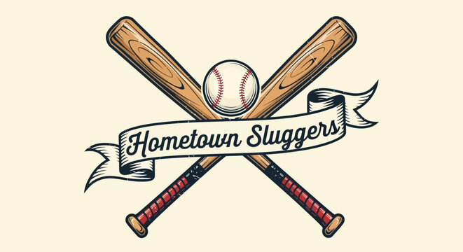 Hometown Sluggers Baseball Logo: Crossed Bats, Ball, and Banner