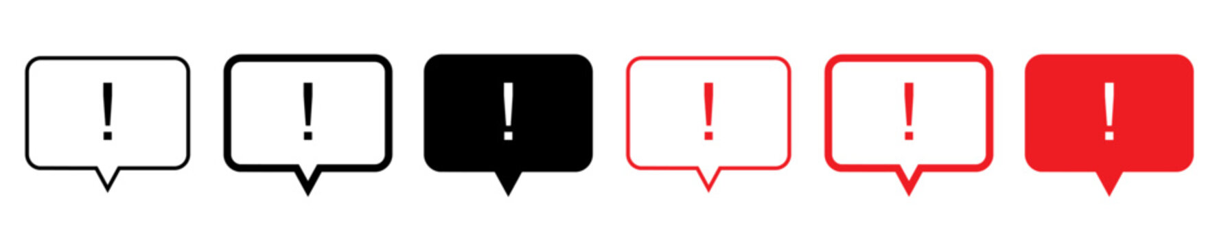 Notification, Alert message bubble icon set. exclamation mark inside speech bubble in outline and filled styles, perfect for warnings, notifications, and attention prompts in UI design.
