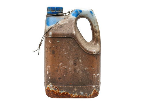 A rusty old plastic jug with a handle and cap