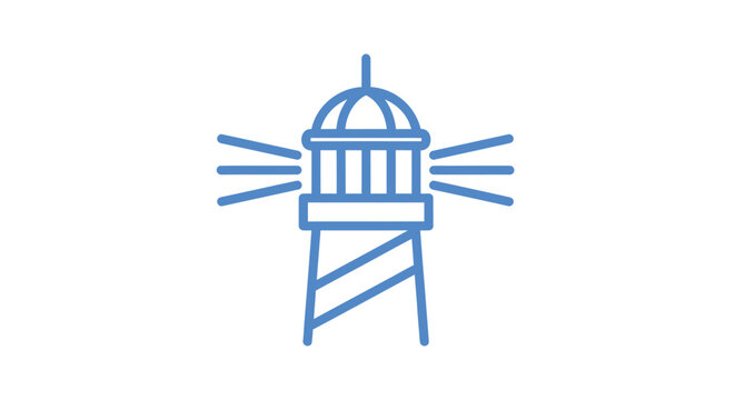 Blue lighthouse icon shining light on white background