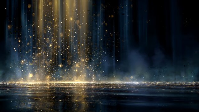 Golden light beams cascade onto a dark stage backdrop with sparkling particles and fog