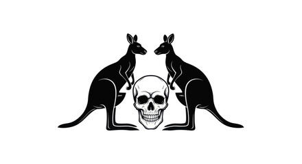 Fototapeta premium Silhouette of kangaroos flanking skull illustration on white background