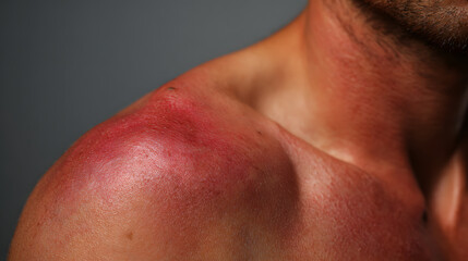 Naklejka premium Sunburn shoulder red skin male torso inflamed skin sunburned shoulder close up skin texture summer injury pain skincare male adult chest clavicle