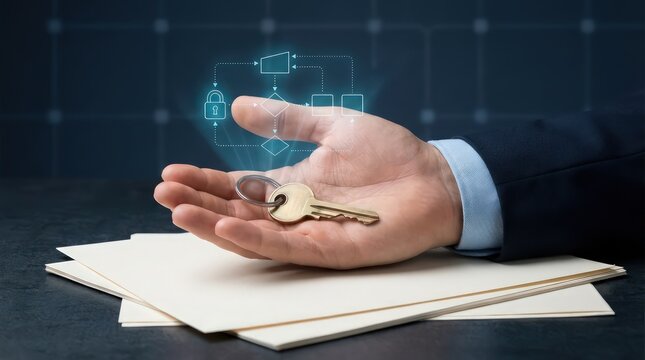 Business hand presenting brass key above blank documents with procurement approval workflow and secure access lock hologram on dark blue background