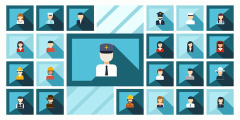 Fototapeta premium Diverse collection of flat design portraits featuring various professions and hats