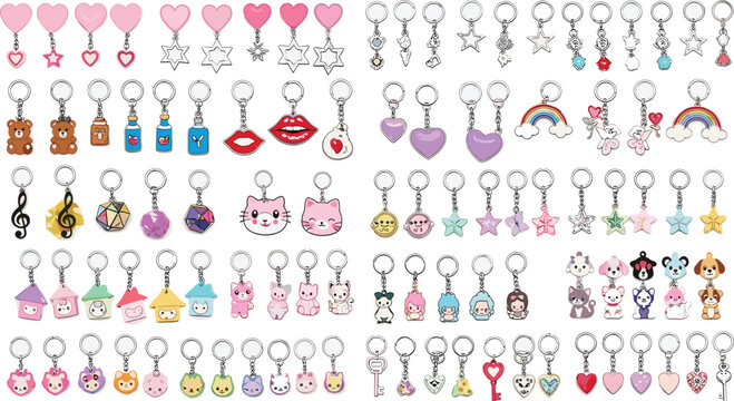 Cute keychain charms collection kawaii accessories with hearts animals and stars vector illustration set