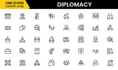Fototapeta premium The diplomacy outline icon set comprises spoken and written communication, leaders, diplomats, the international system, and foreign policy. Editable stroke outline icon.