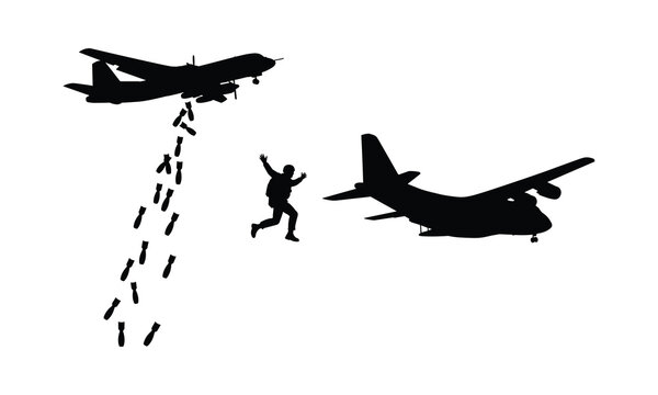 Silhouette of soldier parachuting from bomber plane dropping bombs vector illustration