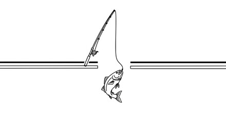 Fototapeta premium Minimalist line drawing of a fishing rod catching a fish through a subtle opening