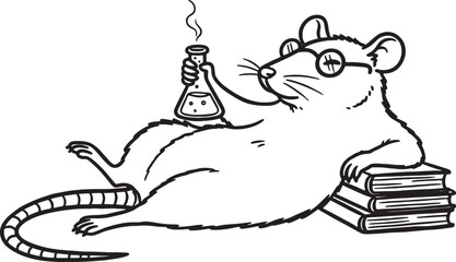 rat wearing glasses holding a beaker on books