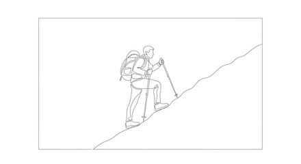 Fototapeta premium Minimalist continuous line illustration depicting a solitary figure ascending an uphill path with