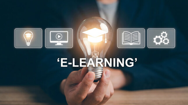 Human hand holds an illuminated light bulb featuring a graduation cap for modern e learning educatio