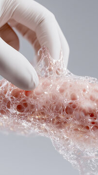 Gloved scientist stretching transparent artificial skin biomaterial mesh with porous cellular network structure, engineered for medical prosthetics transplantation and human tissue regeneration.
