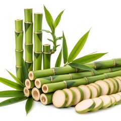 Fototapeta premium Fresh green bamboo stalks with leaves isolated on transparent background