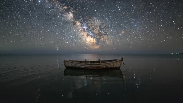 Peaceful wooden boat floating on calm water under a starry Milky Way galaxy sky. Seamless looping 4k video background
